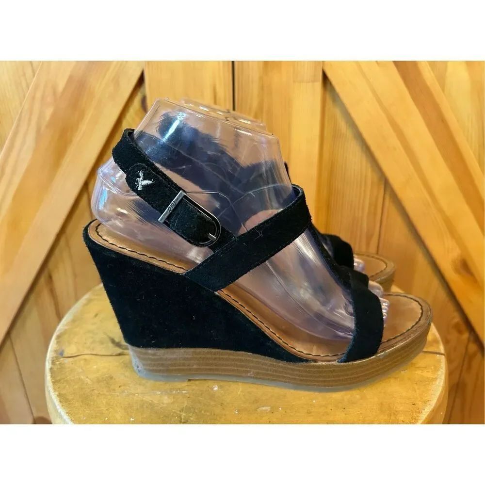 American Eagle Outfitters Wedge Sandals Black Suede Size 8 Read